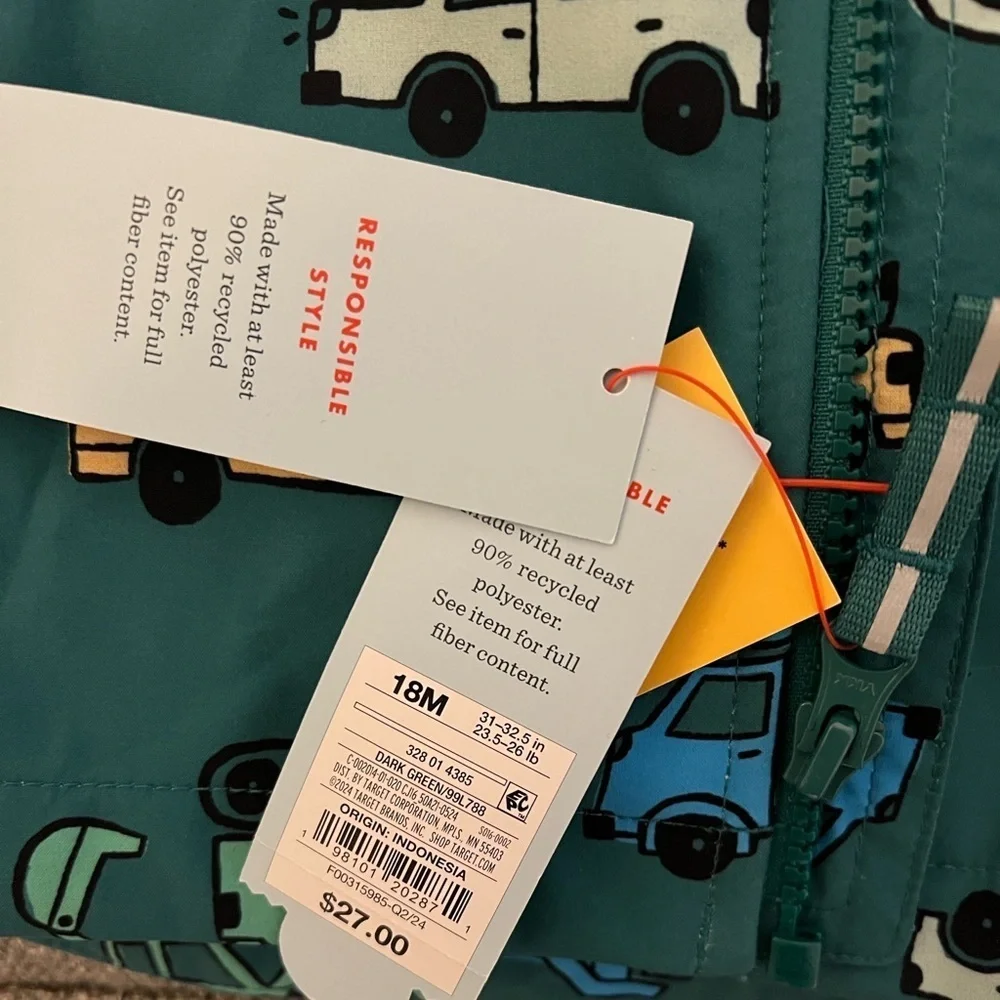 Baby Boys' Vehicle Printed Softshell Jacket - Cat & Jack™ Green 18M + hat NWT